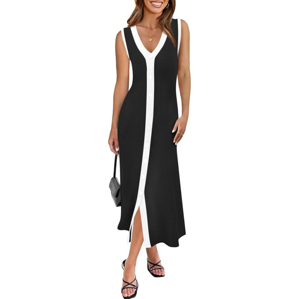 Women's Summer Ribbed Knit Sleeveless Button Down V Neck Dress Casual Midi